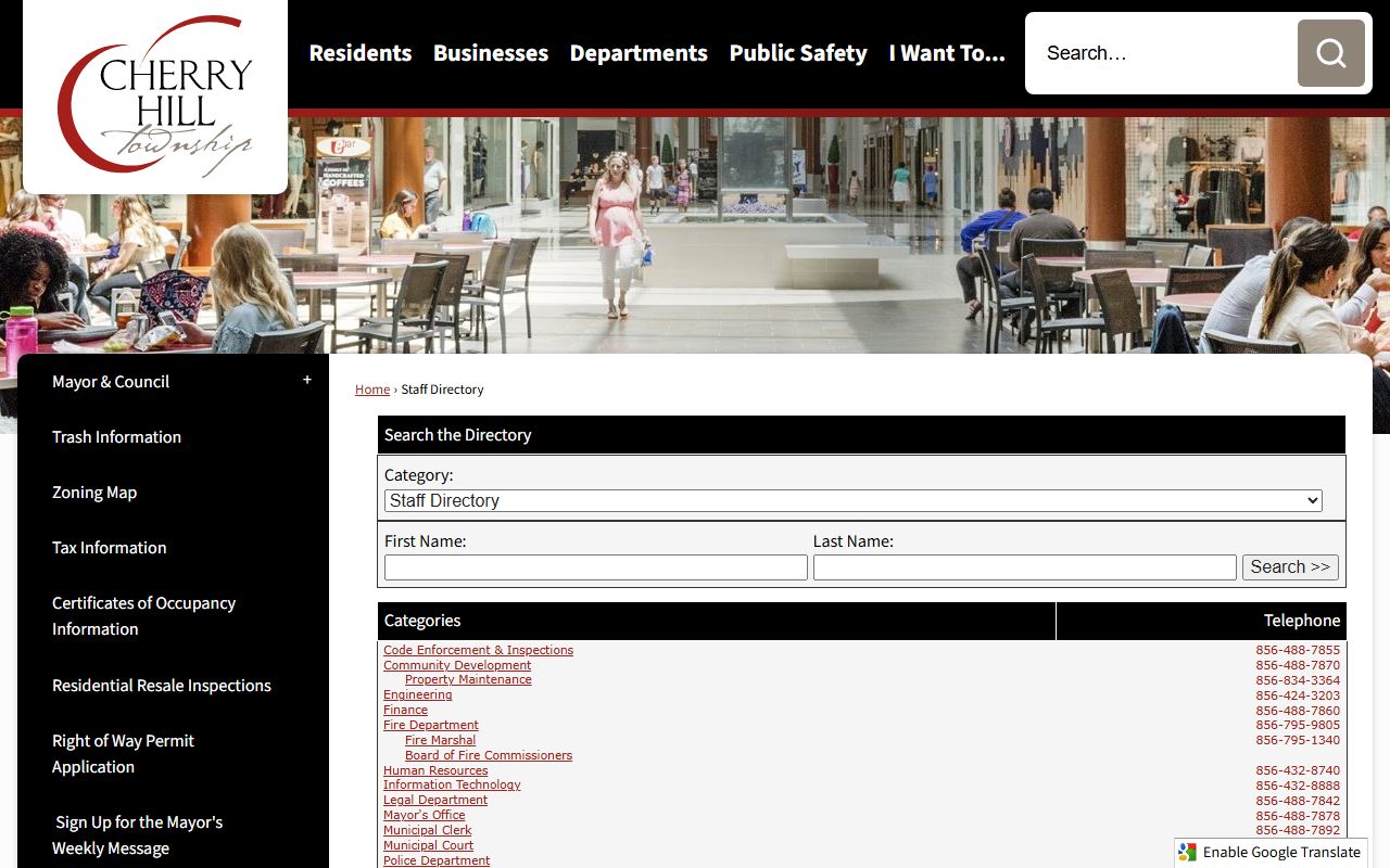 Cherry Hill Township staff directory for clerk office contact information