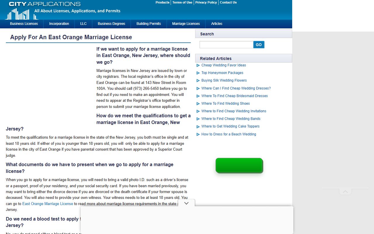 East Orange marriage license application information and details