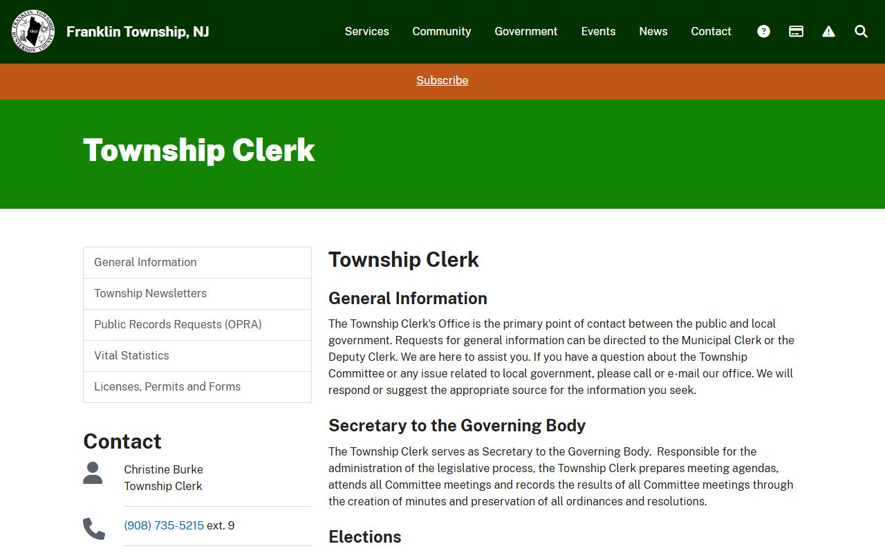 Franklin Township Clerk office page with marriage license service details