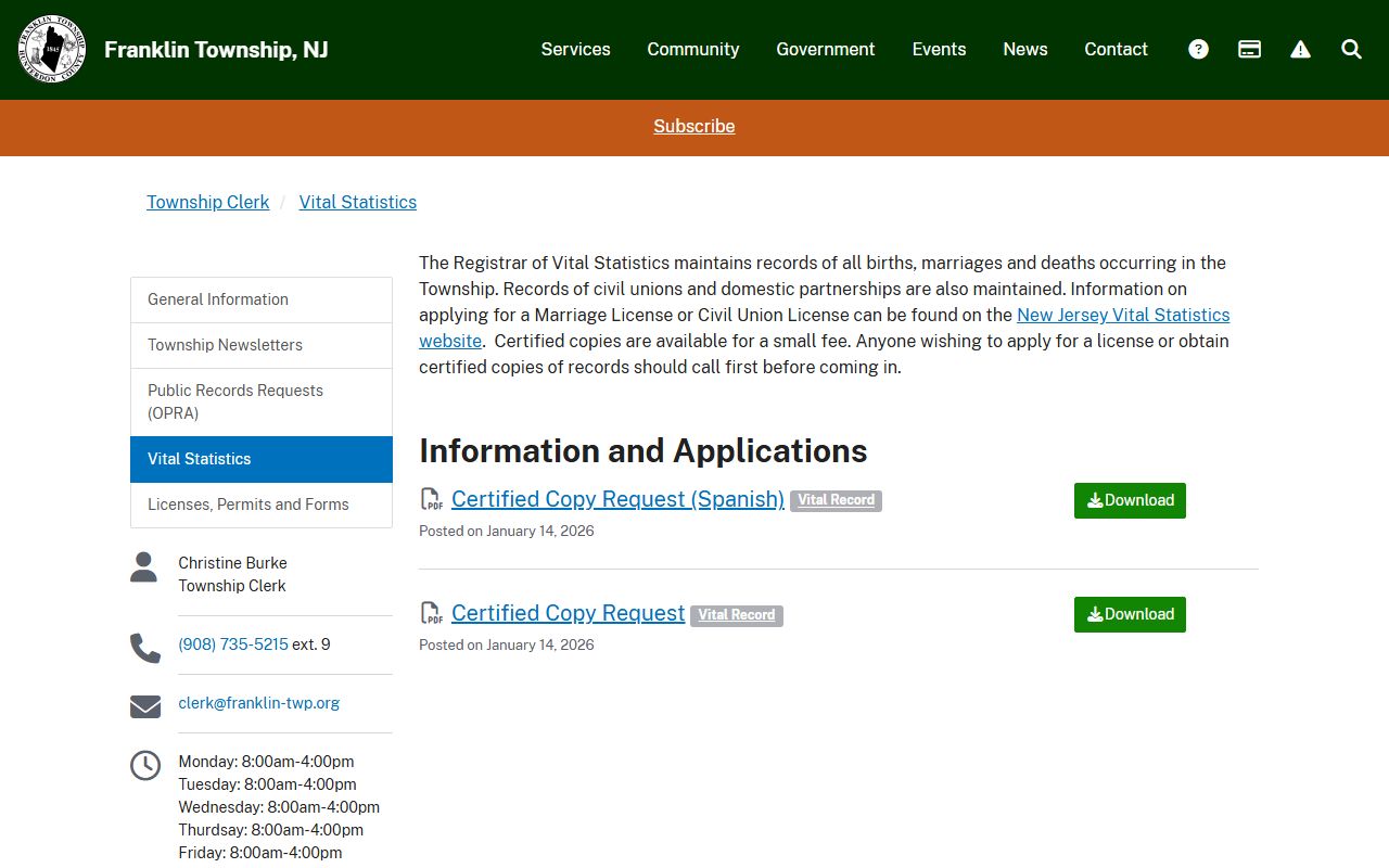 Franklin Township Registrar of Vital Statistics page with marriage record information