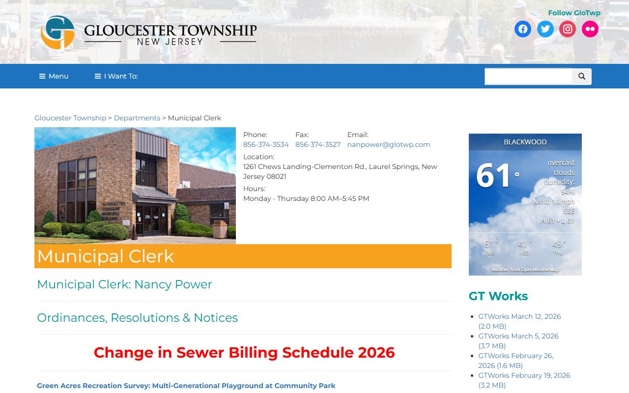 Gloucester Township Municipal Clerk page with services and contact information