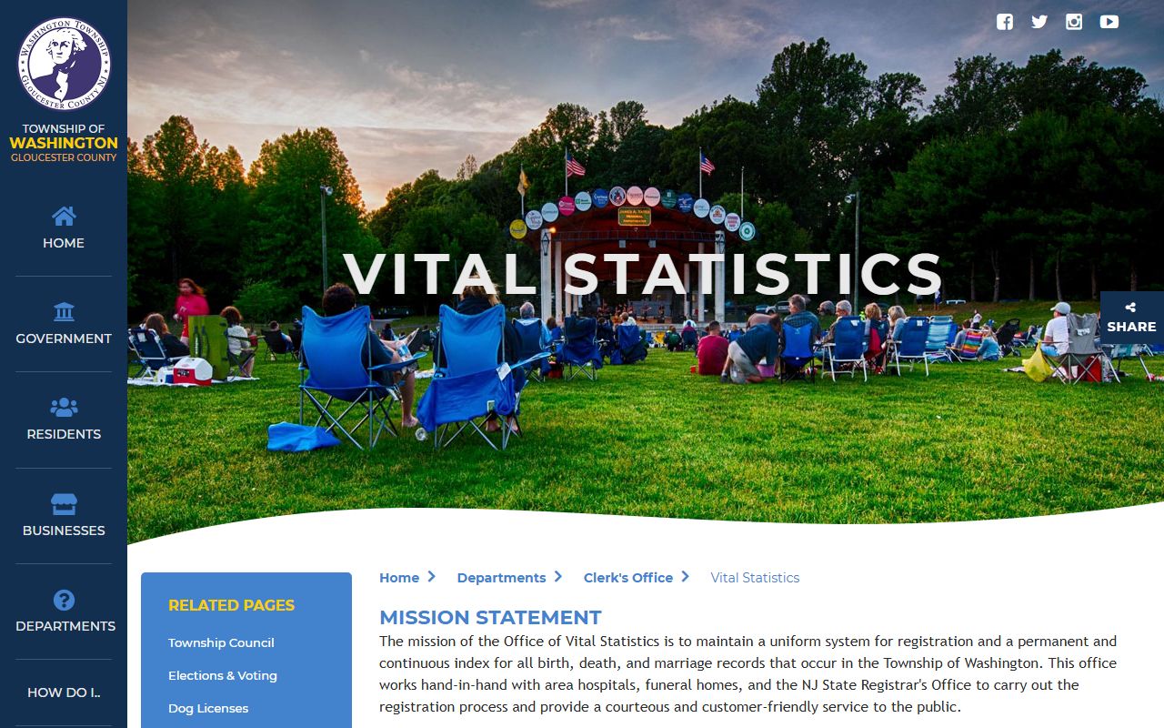 Washington Township Gloucester County vital statistics page with service details