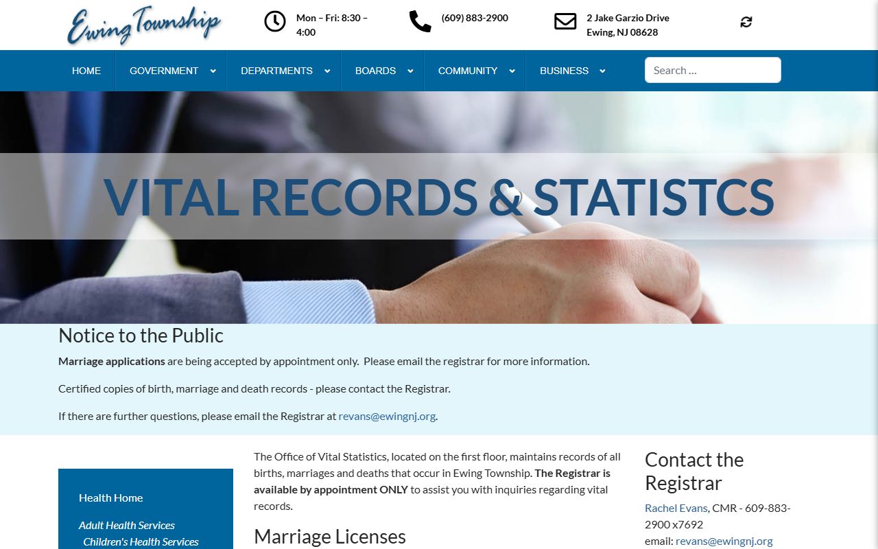 Ewing Township vital records office near Hamilton Township