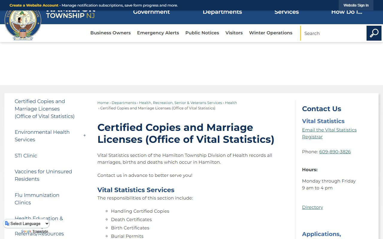 Hamilton Township Clerk certified copies and marriage license office