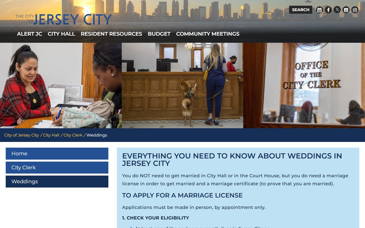 Jersey City Clerk weddings and marriage license services page