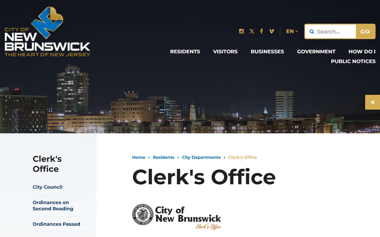 New Brunswick City Clerk office information page