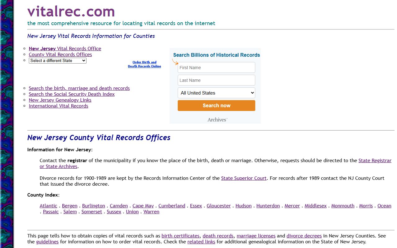 Vital records information for New Brunswick and New Jersey