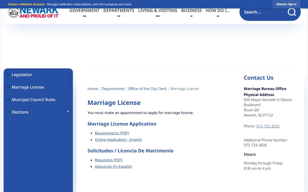Newark City Clerk marriage license application information page