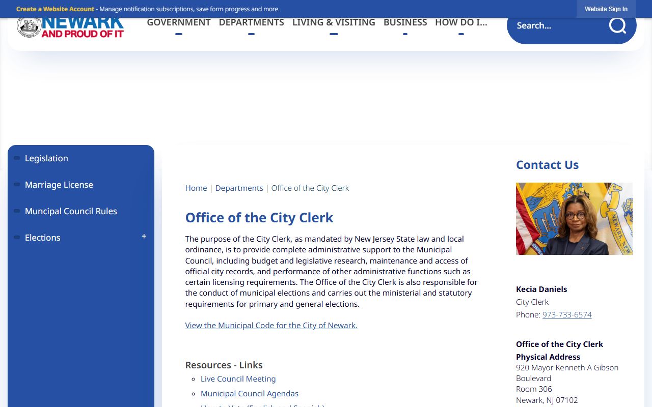 Newark City Clerk office information and contact details