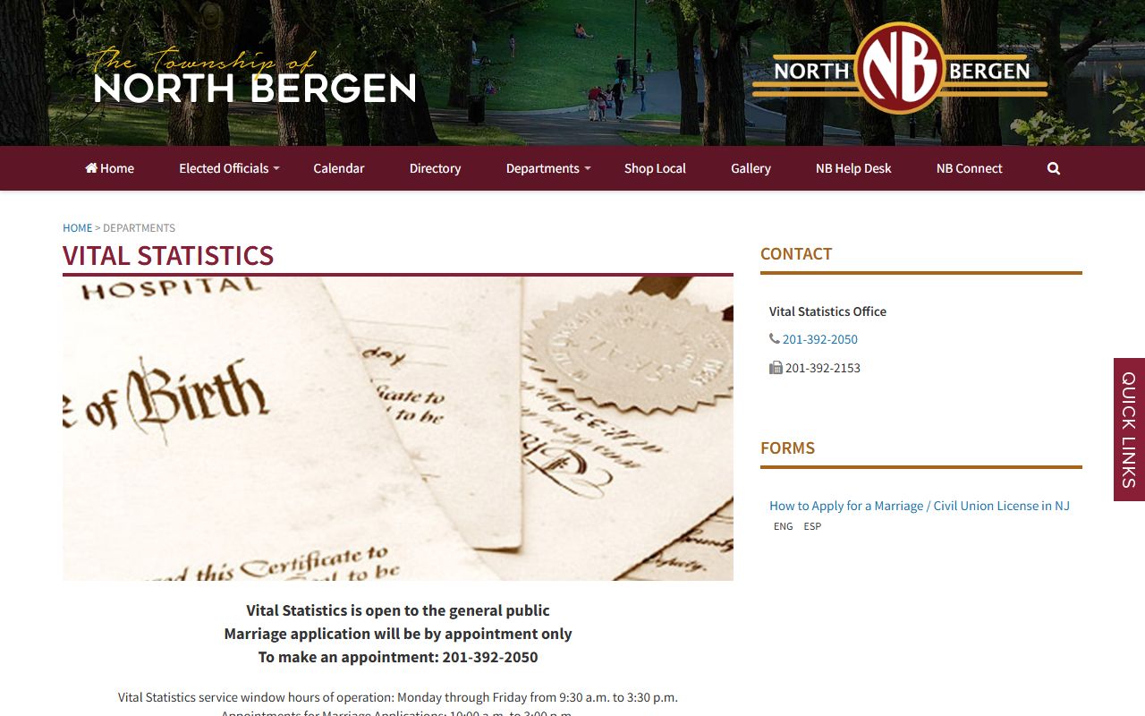 North Bergen Township Vital Statistics page with marriage license service information