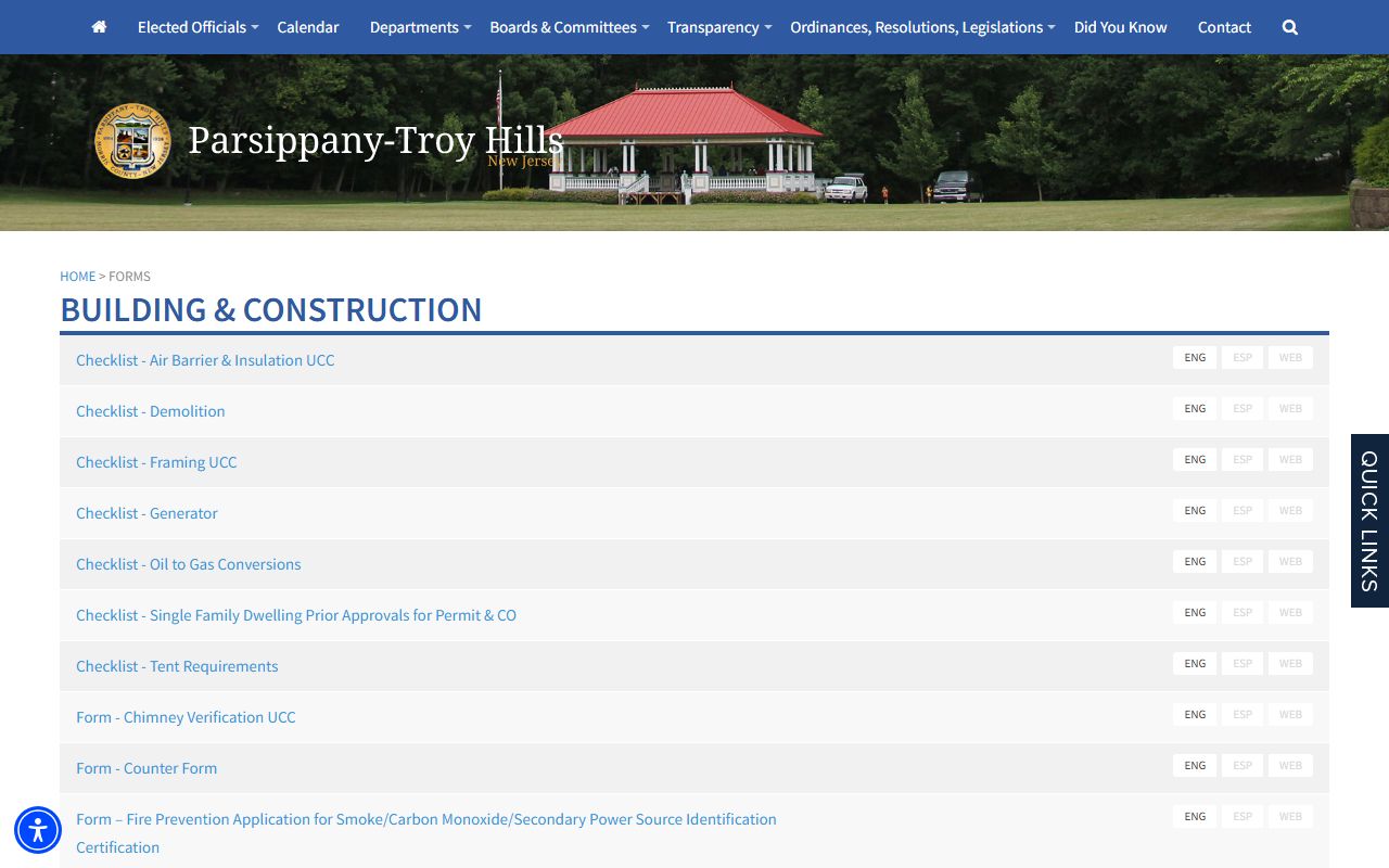 Parsippany-Troy Hills Township forms page with marriage license application