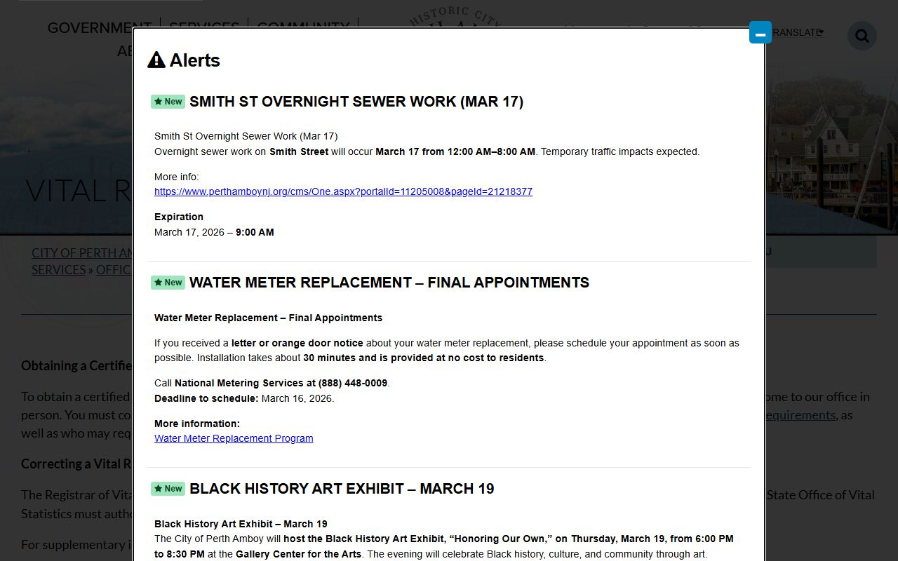 Perth Amboy Office of Vital Statistics information page