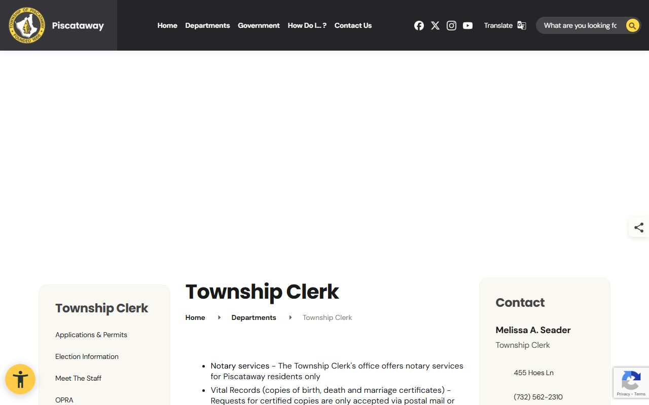 Piscataway Township Clerk office page with marriage license services