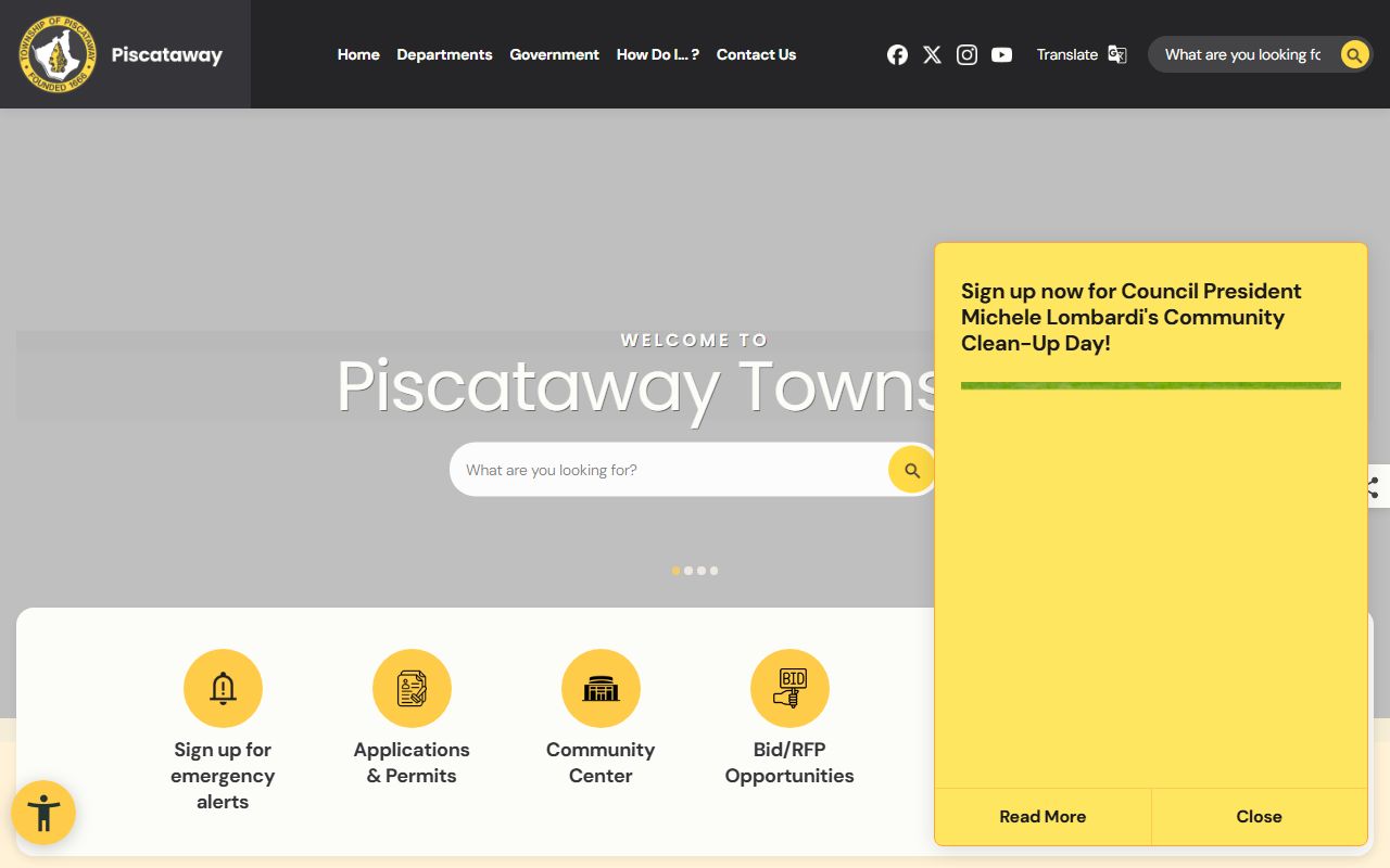 Piscataway Township official website homepage with department links