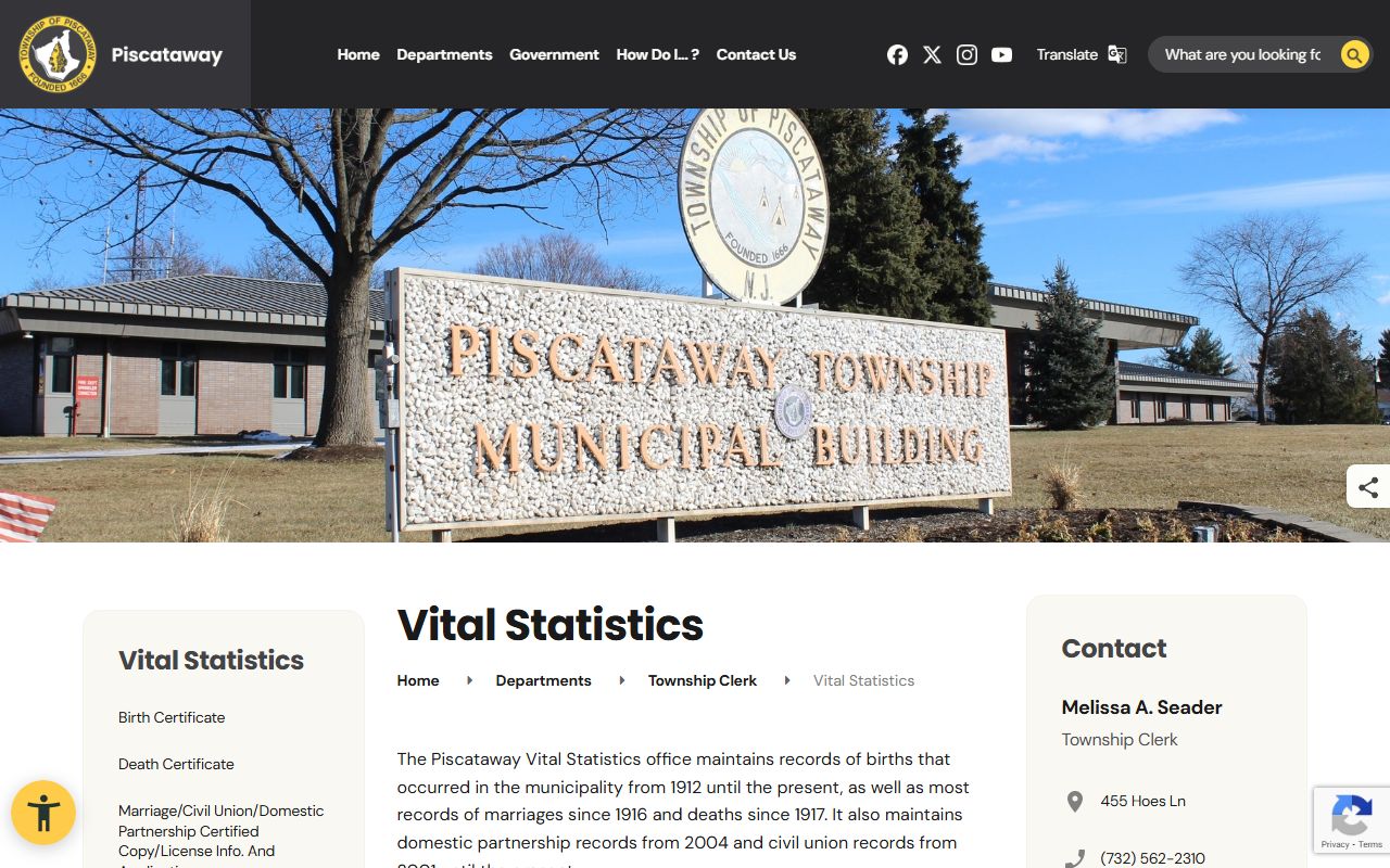 Piscataway Township Vital Statistics page with services and record information