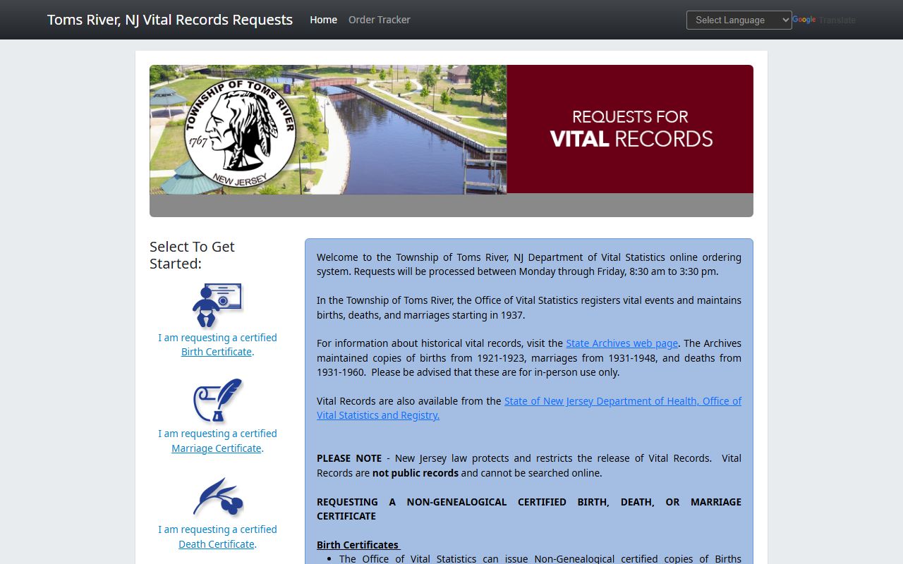 Toms River online vital records system for marriage license services