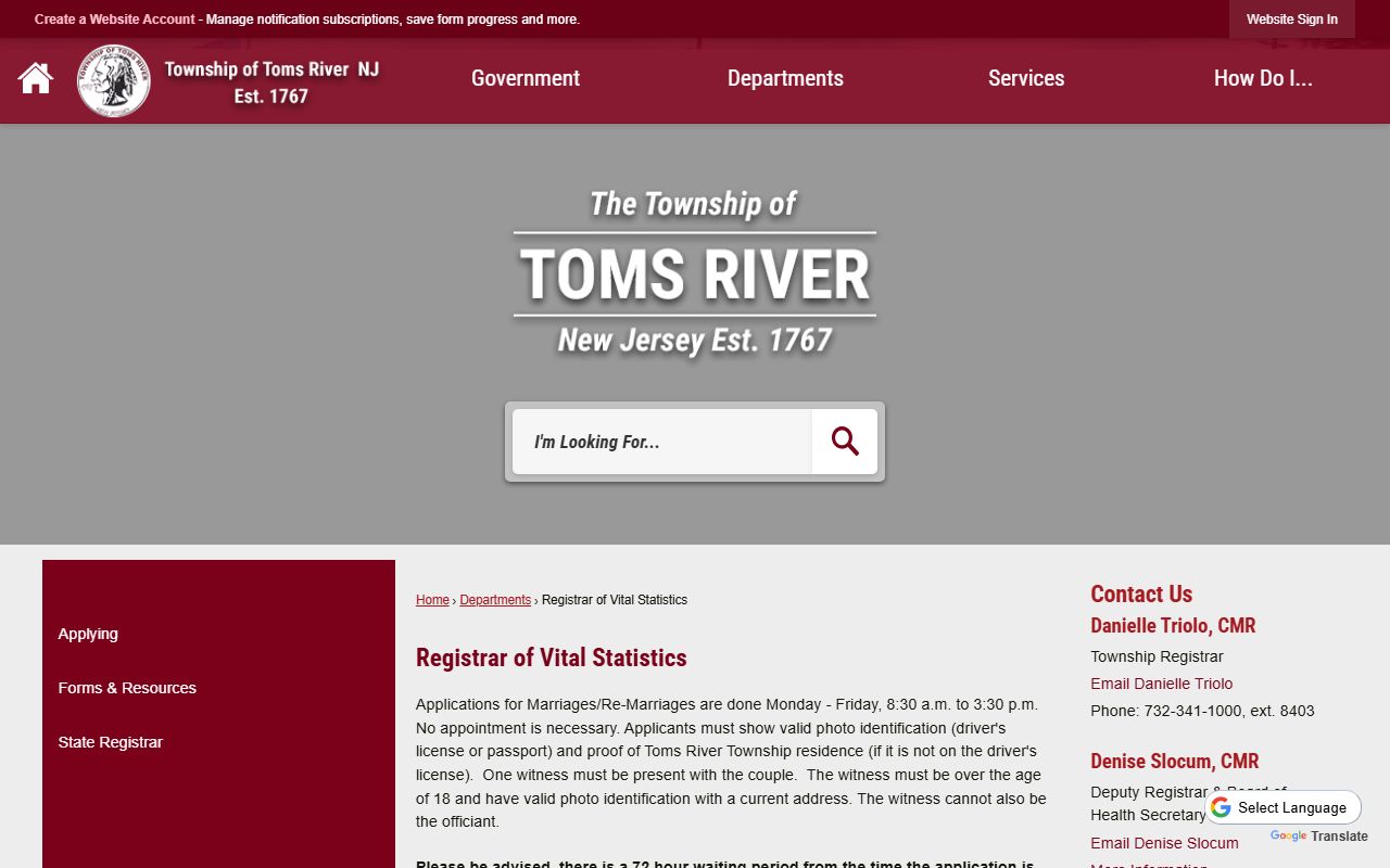 Toms River Registrar of Vital Statistics office for marriage licenses
