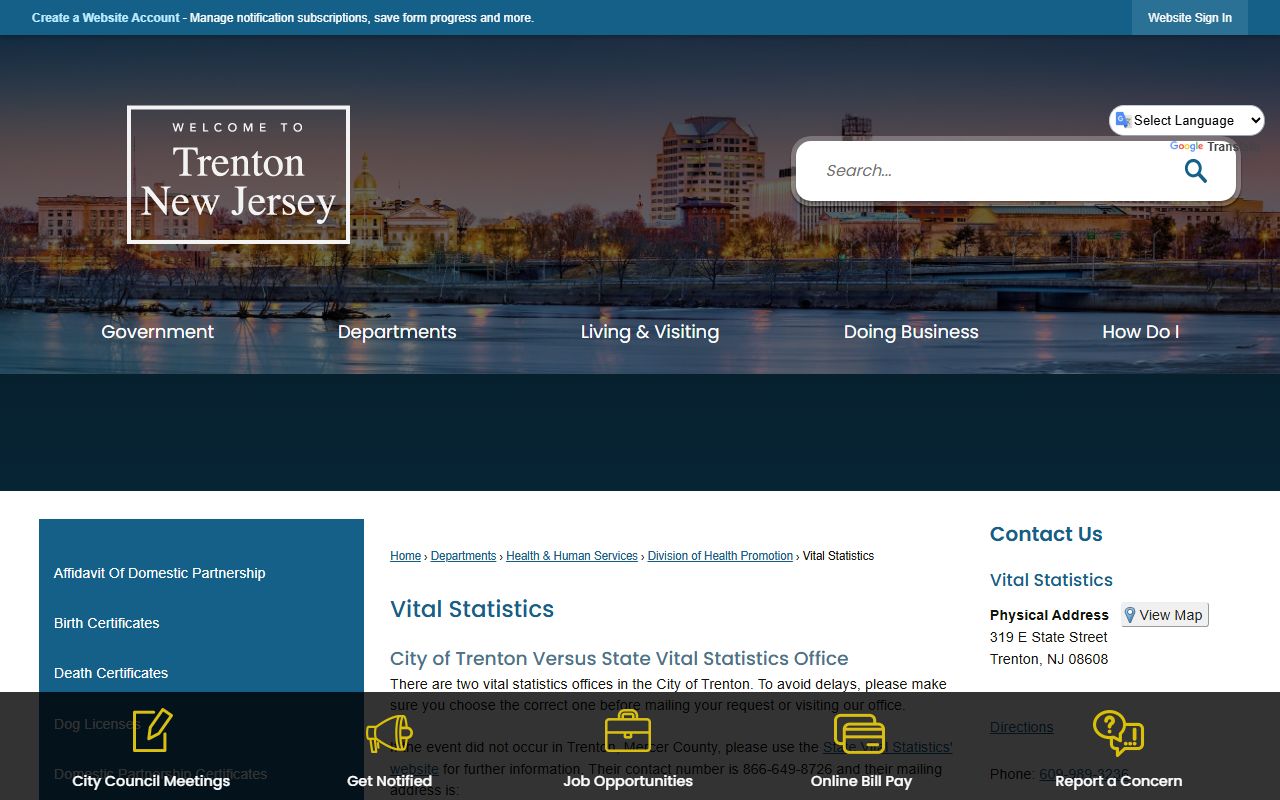 City of Trenton Office of Vital Statistics for marriage license applications