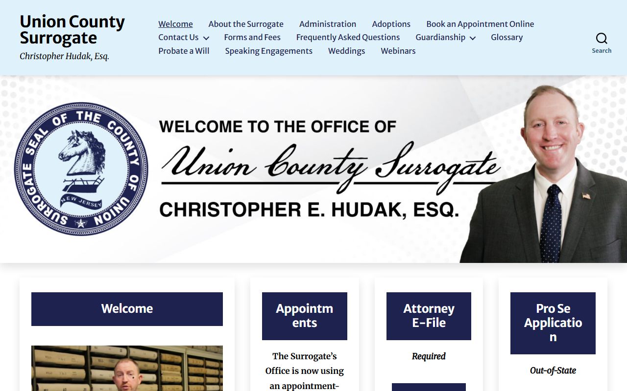Union County Surrogate welcome page with free wedding ceremony information