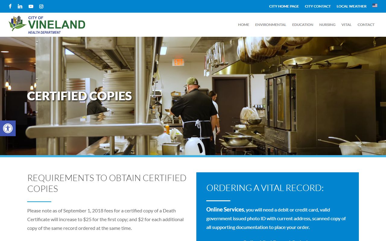 Vineland certified copies information page with fees and ordering details