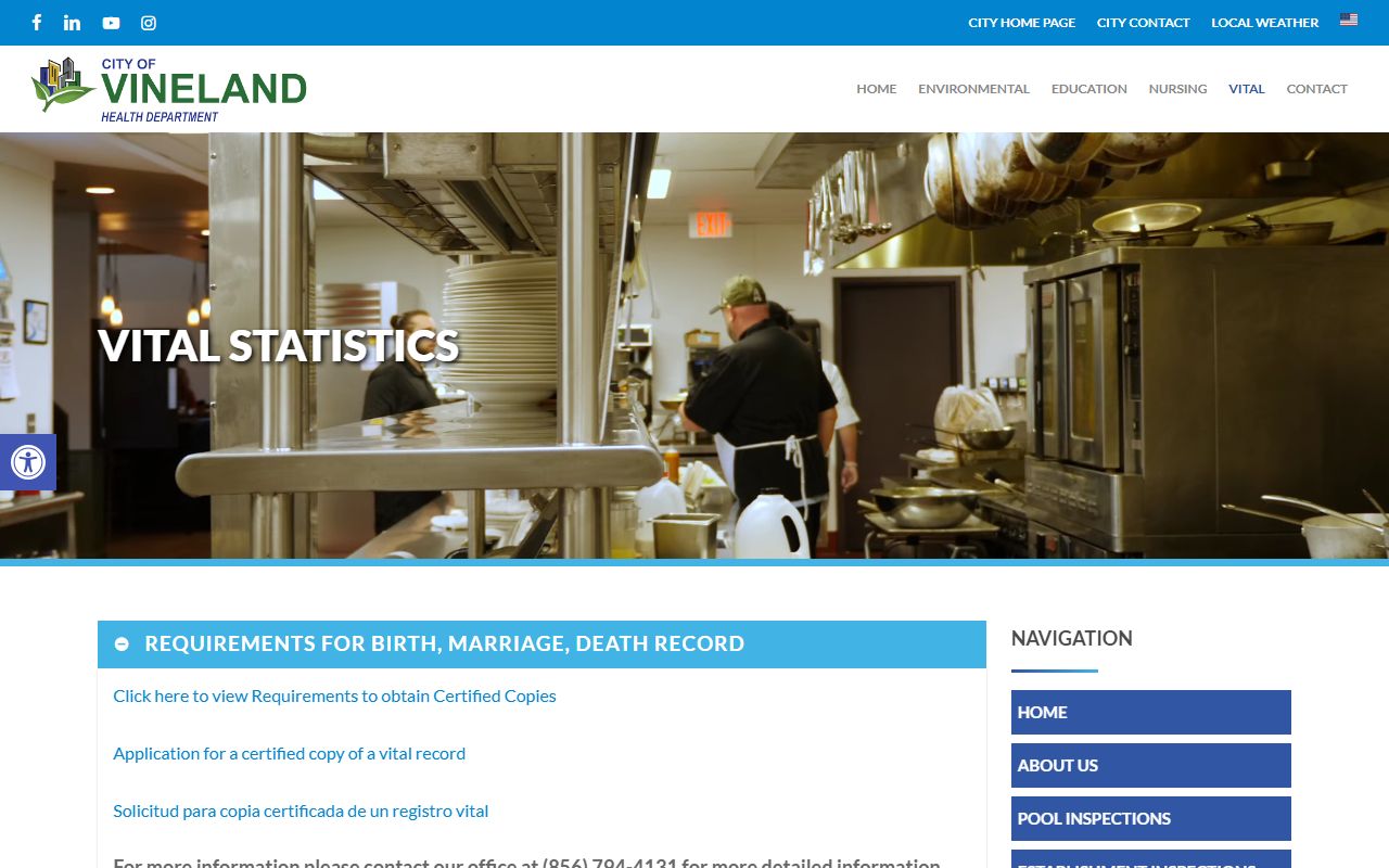 Vineland Health Department Vital Statistics page with marriage license services