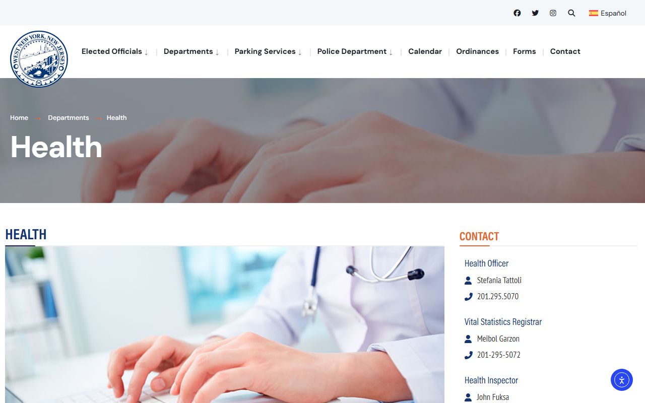 West New York Health Department page with vital statistics and marriage license service details