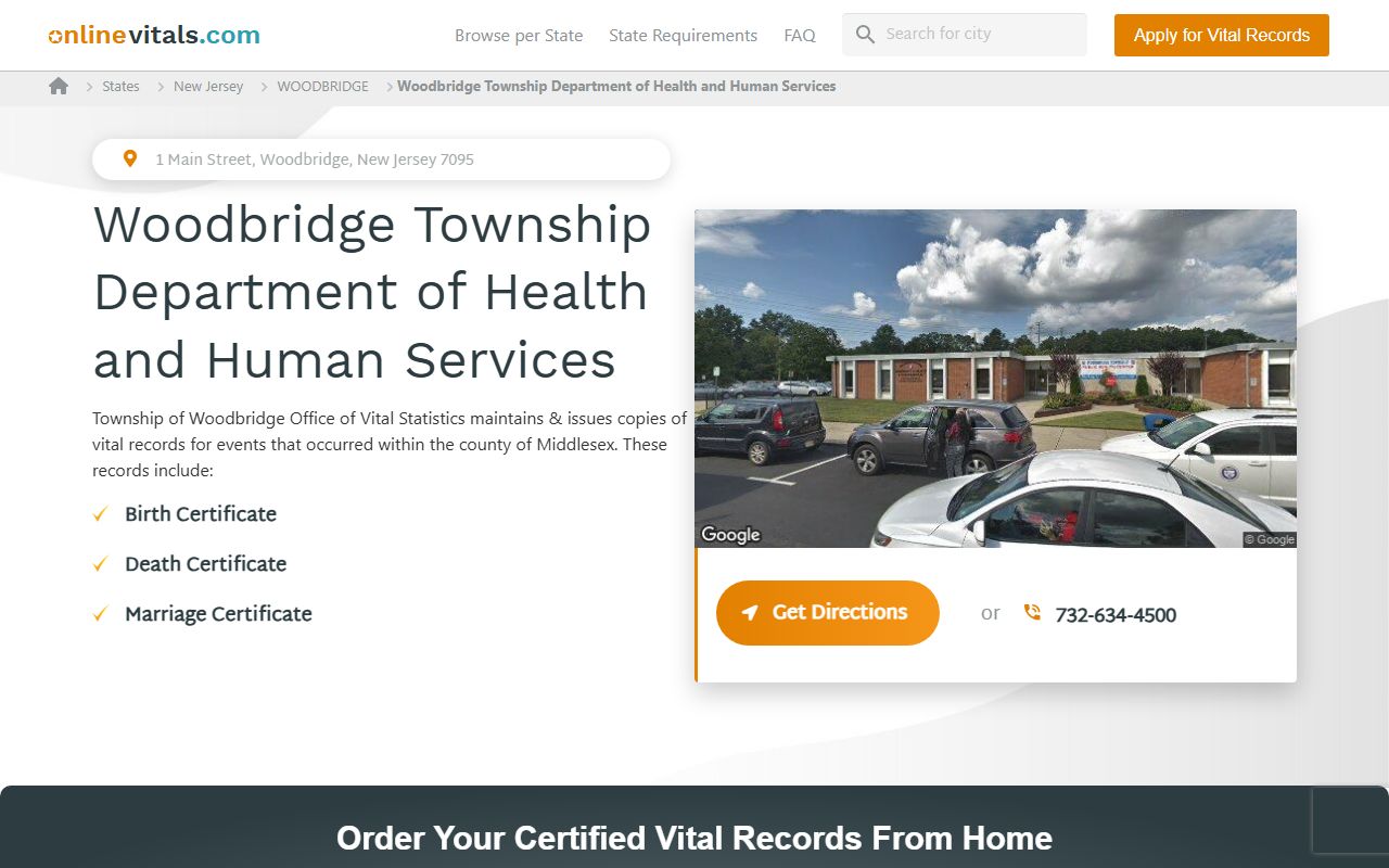 Woodbridge Township Health Department vital records office