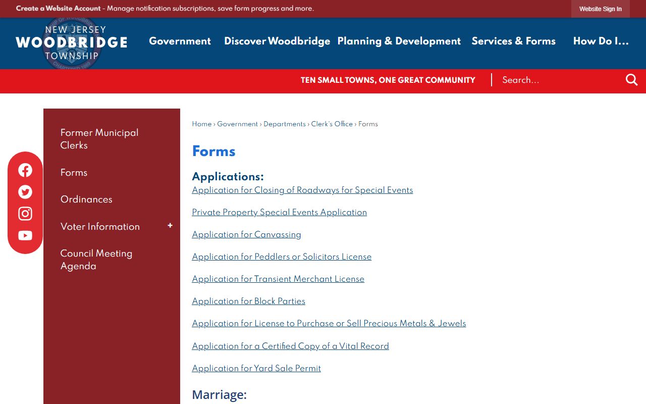 Woodbridge Township forms page for marriage license applications