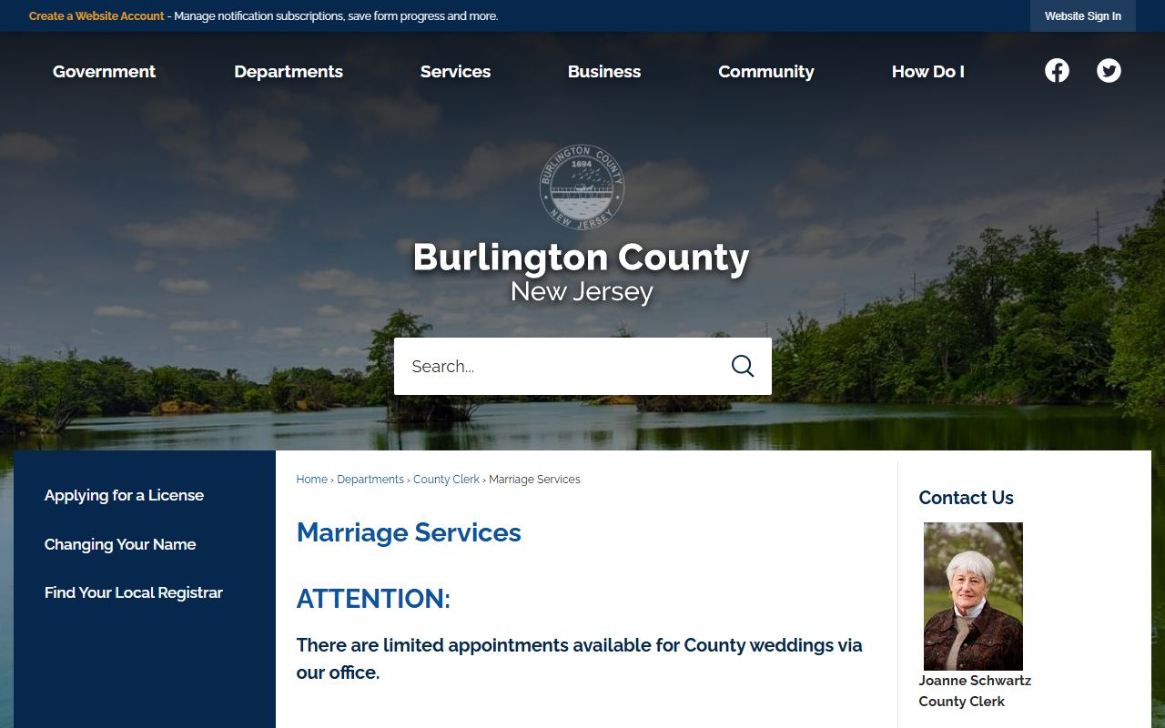Burlington County marriage services page for scheduling Burlington County marriage license ceremonies