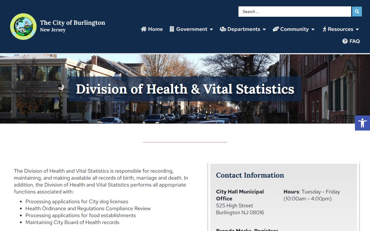 City of Burlington vital statistics office for Burlington County marriage license applications
