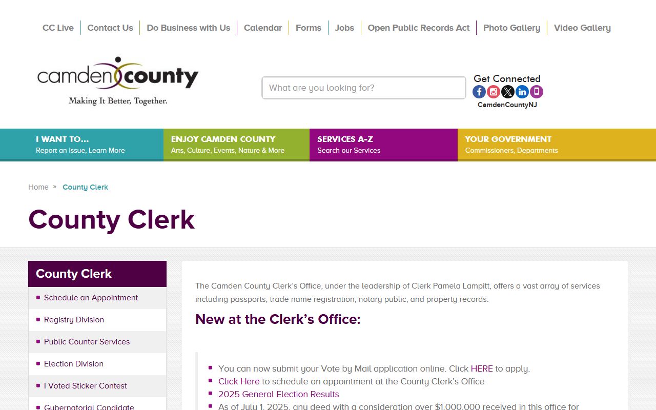 Camden County Clerk official website for marriage license services