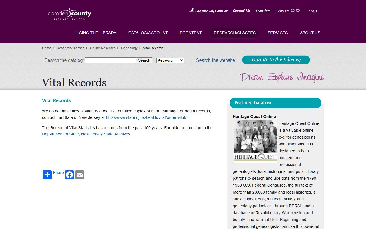 Camden County Library vital records information page