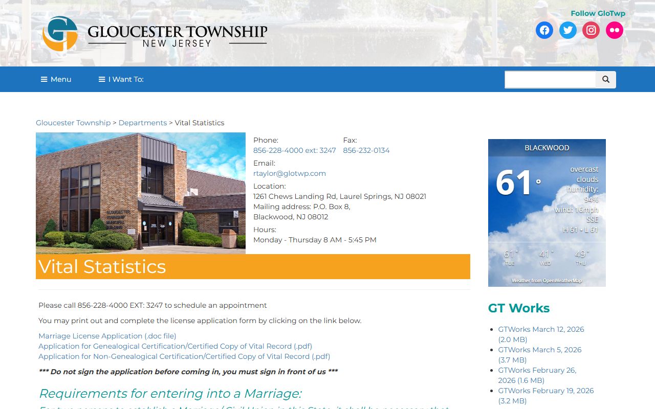 Gloucester Township Vital Statistics office for Camden County marriage licenses