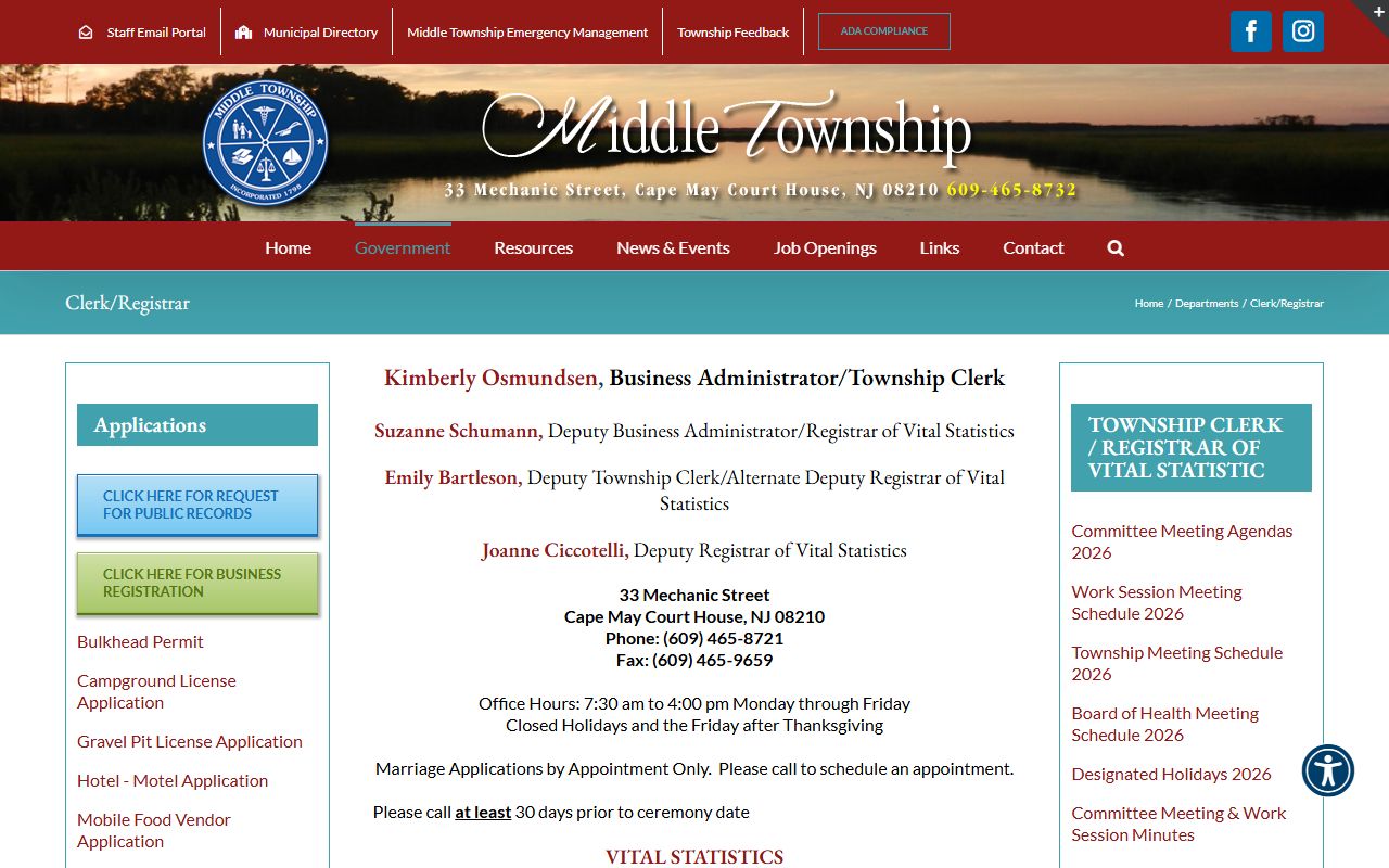 Middle Township clerk and registrar office for Cape May County marriage licenses