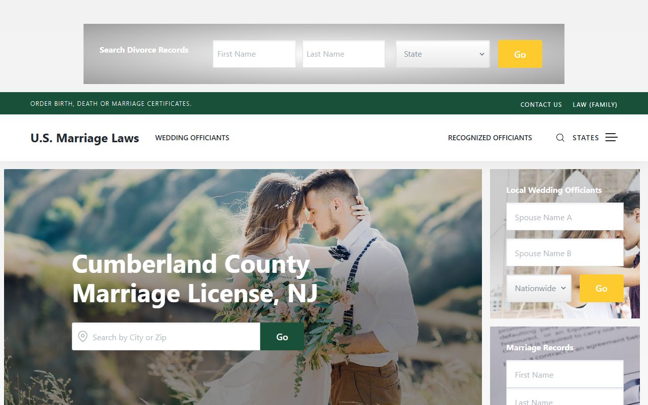 US Marriage Laws page listing Cumberland County registrars and marriage license requirements