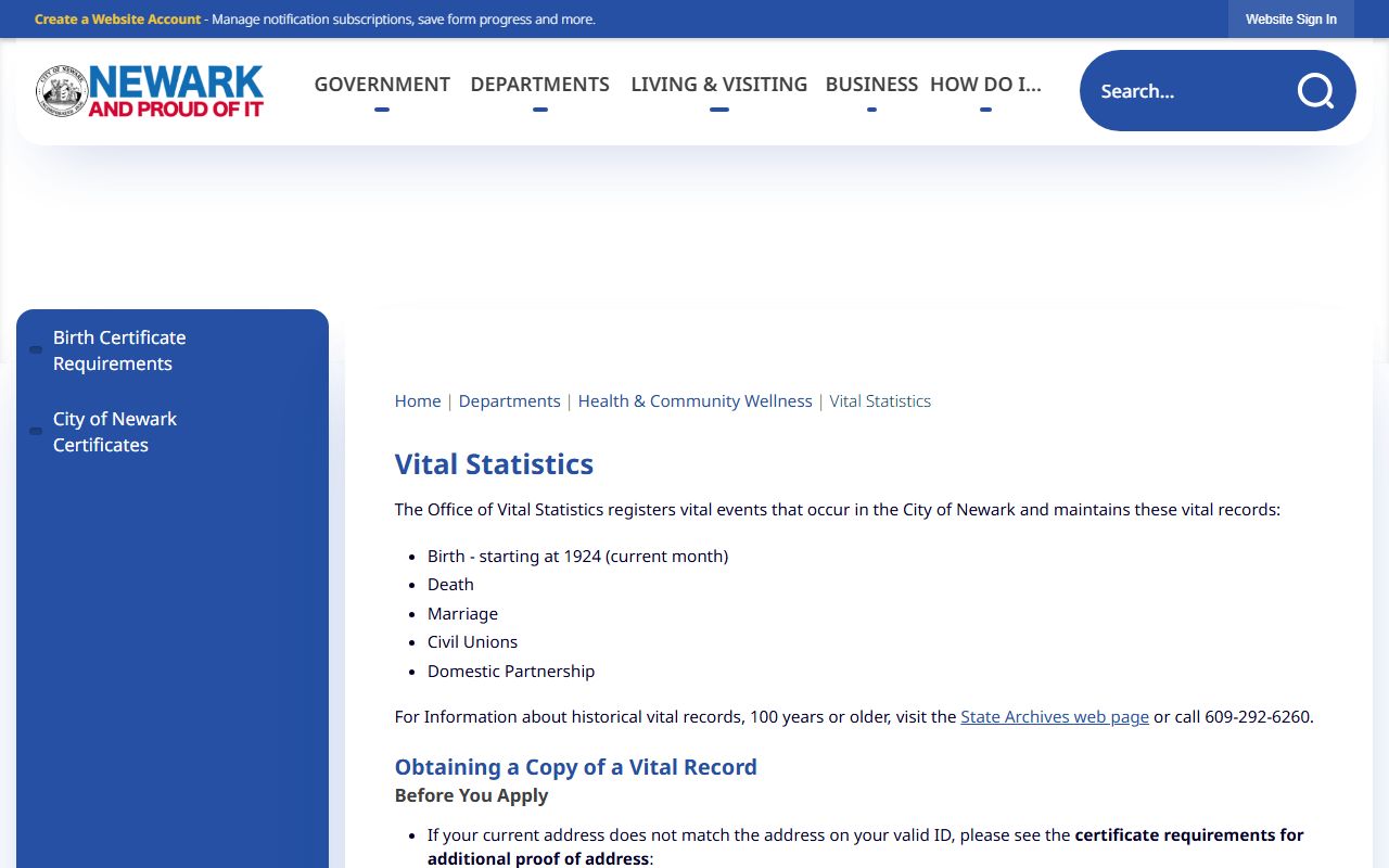 City of Newark vital statistics page for Essex County marriage license records