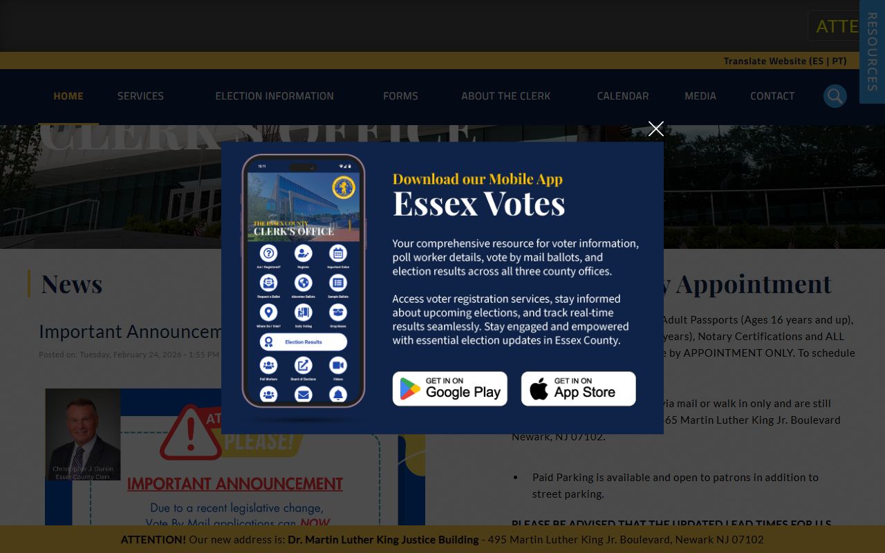 Essex County Clerk official website with services and contact information