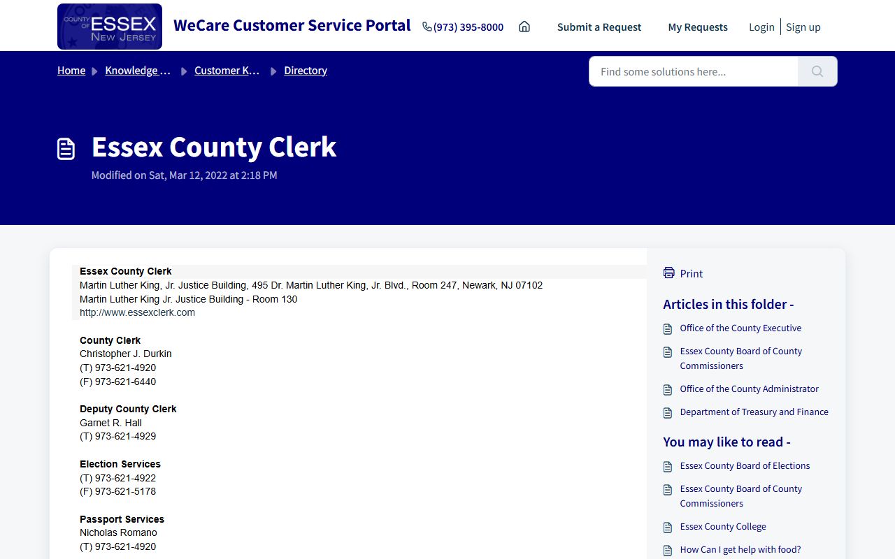 Essex County Clerk support page for Essex County marriage license help