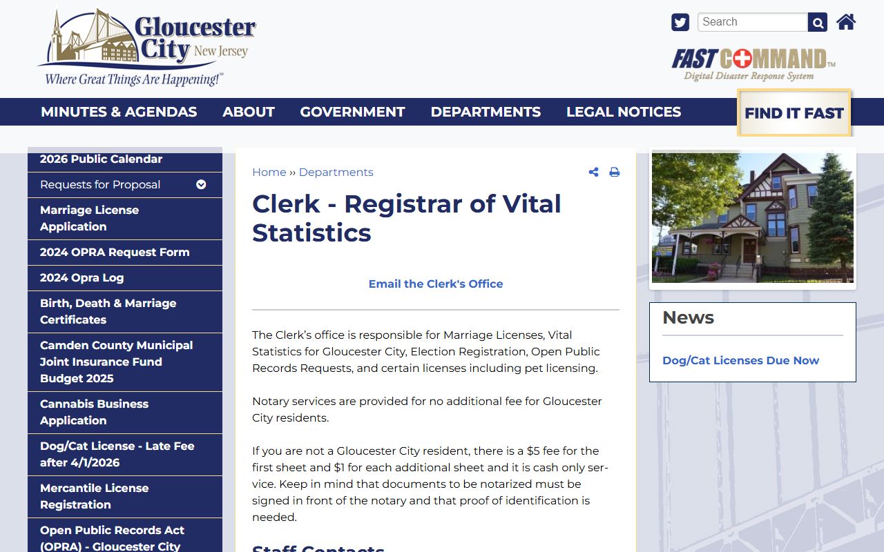 City of Gloucester clerk and registrar page for Gloucester County marriage license applications