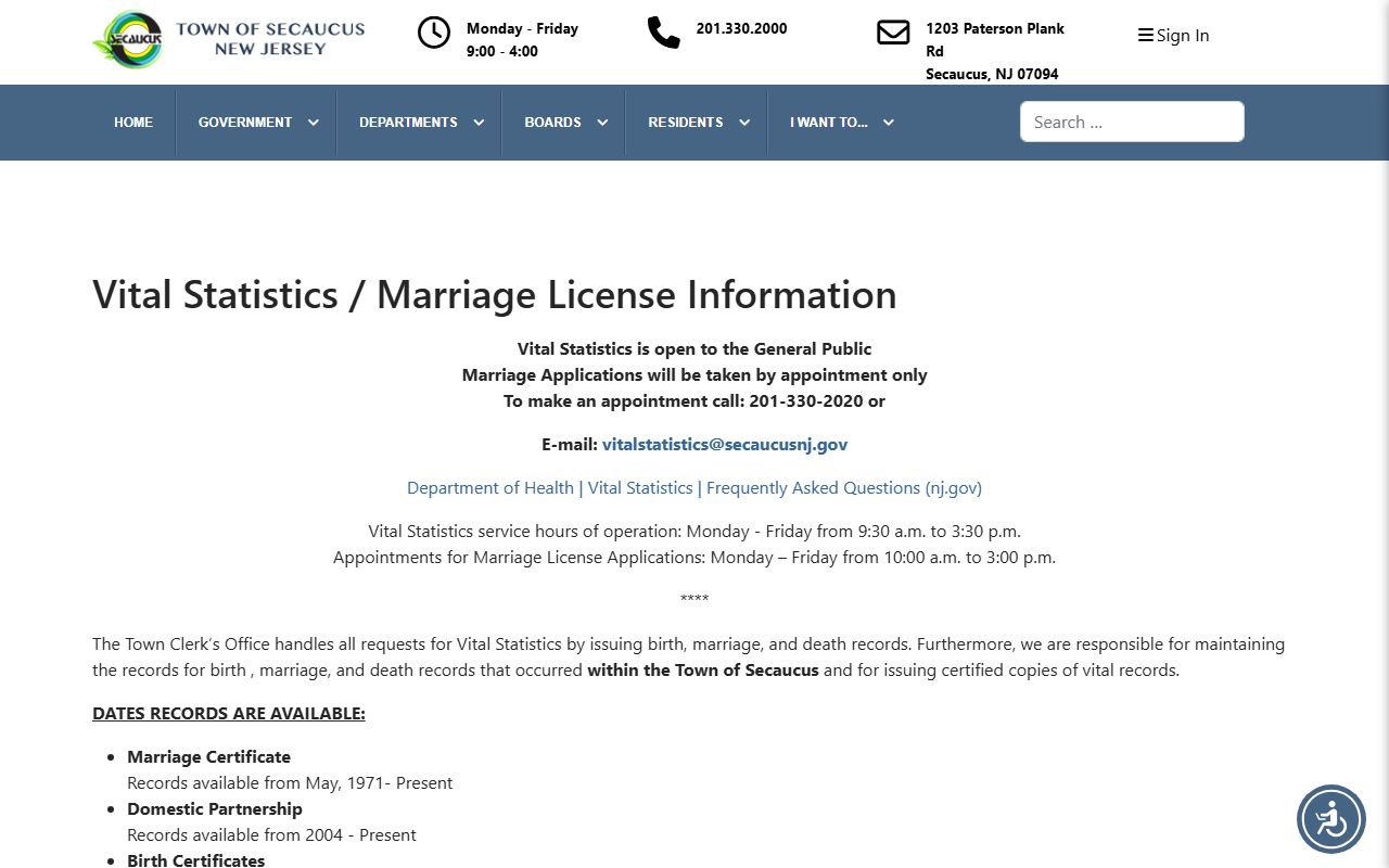 Secaucus town clerk vital statistics page for Hudson County marriage license appointments