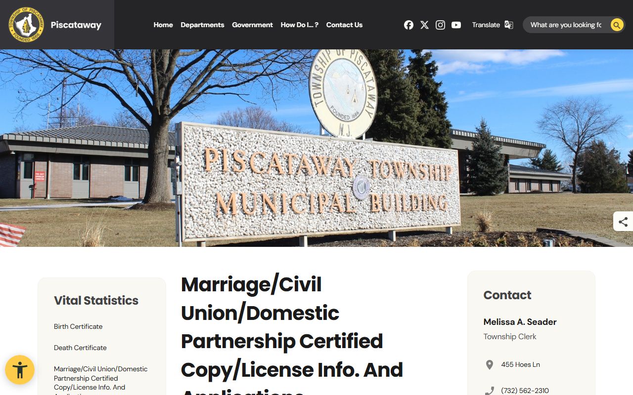 Piscataway Township clerk page for marriage license in Middlesex County