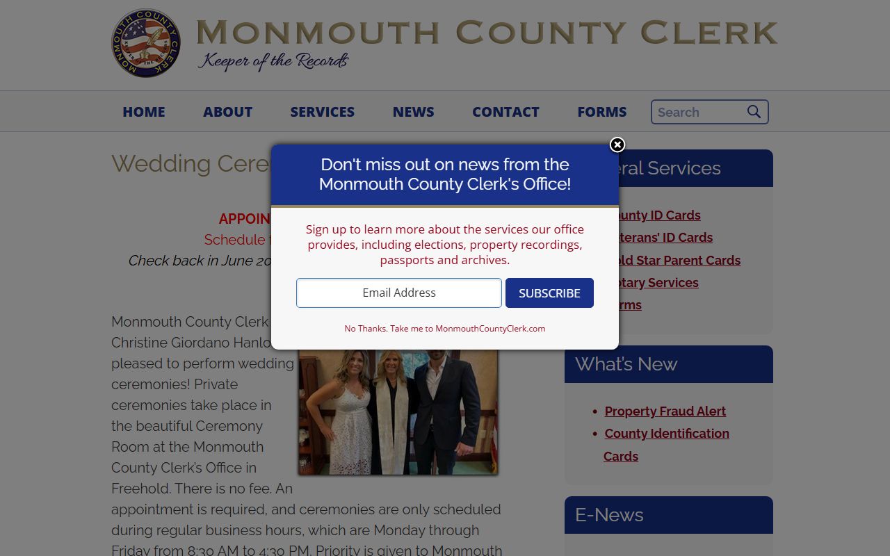 Monmouth County Clerk wedding ceremony services page