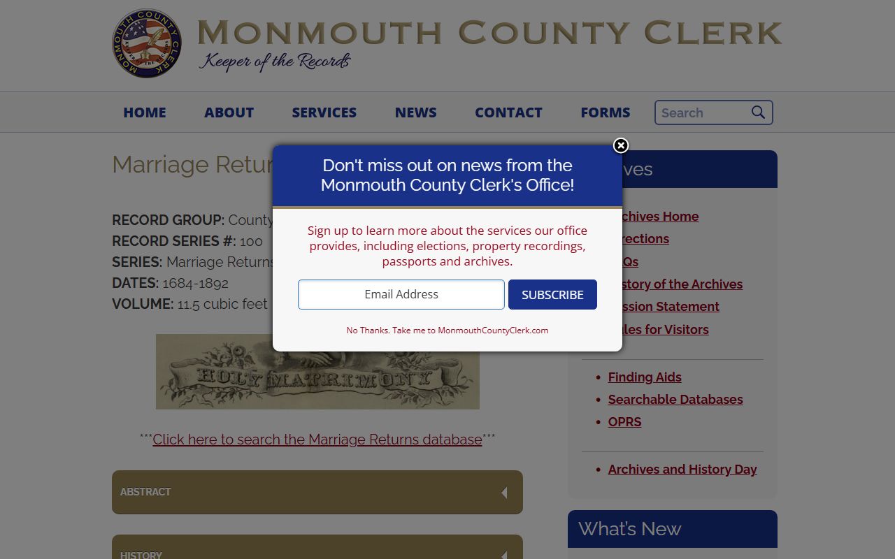 Monmouth County historical marriage returns database from 1684 to 1892