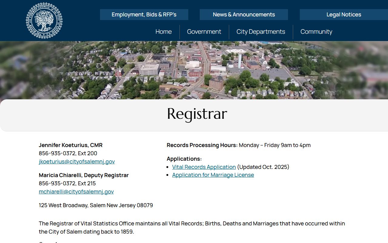 City of Salem registrar page for Salem County marriage license records