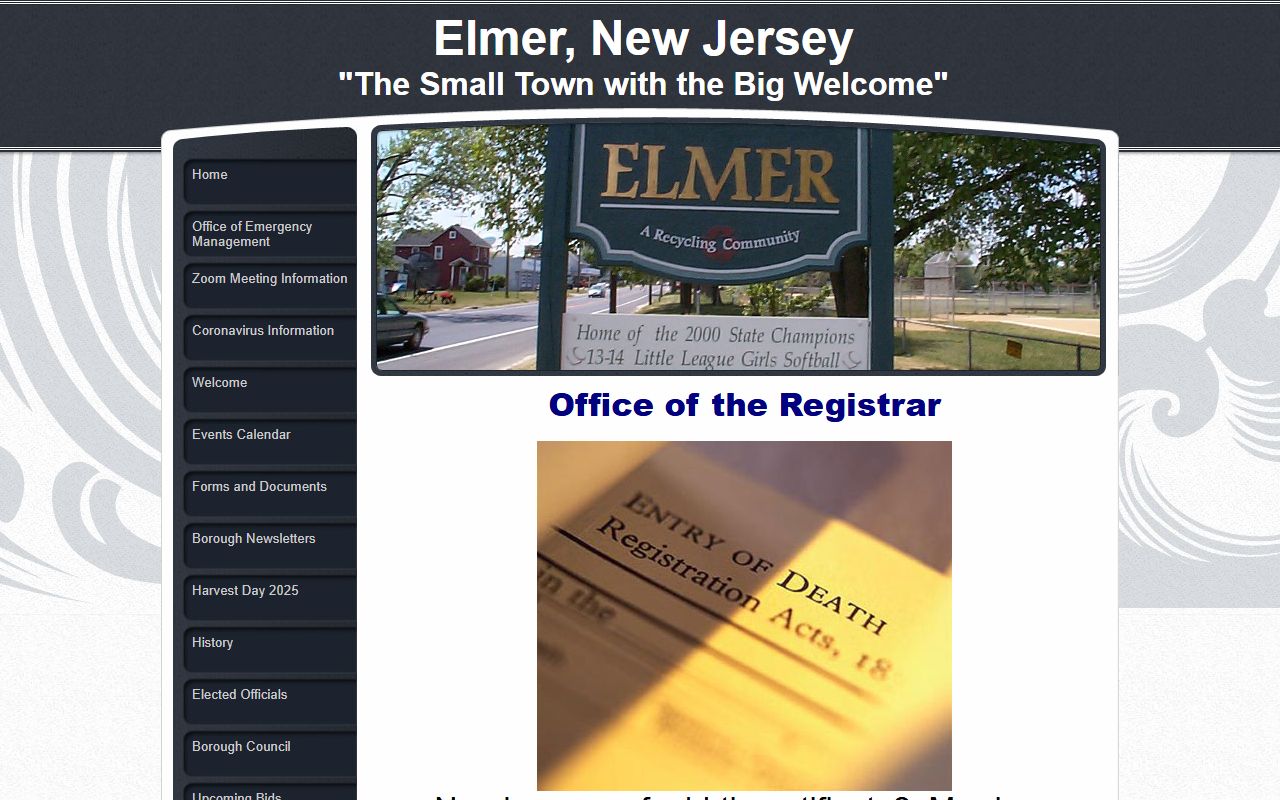Elmer Borough vital statistics page for Salem County marriage license services