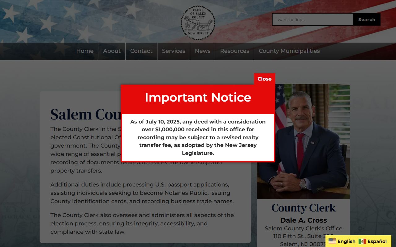 Salem County Clerk official website for Salem County marriage license information