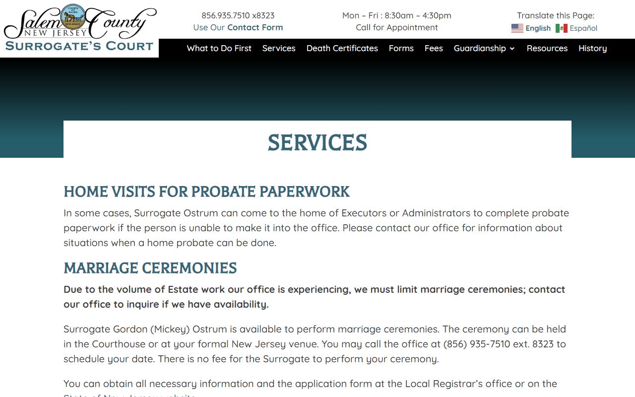 Salem County Surrogate Office services page for Salem County residents