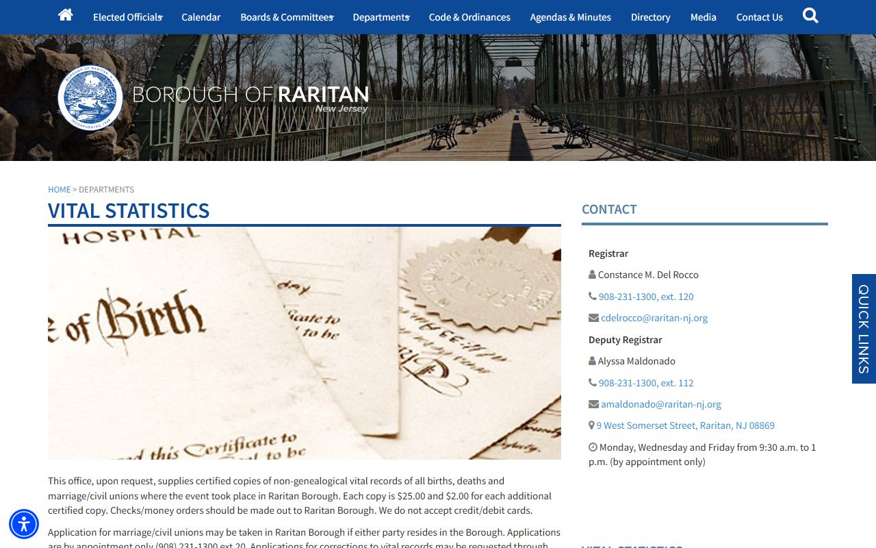 Raritan Borough vital statistics page for Somerset County marriage license services