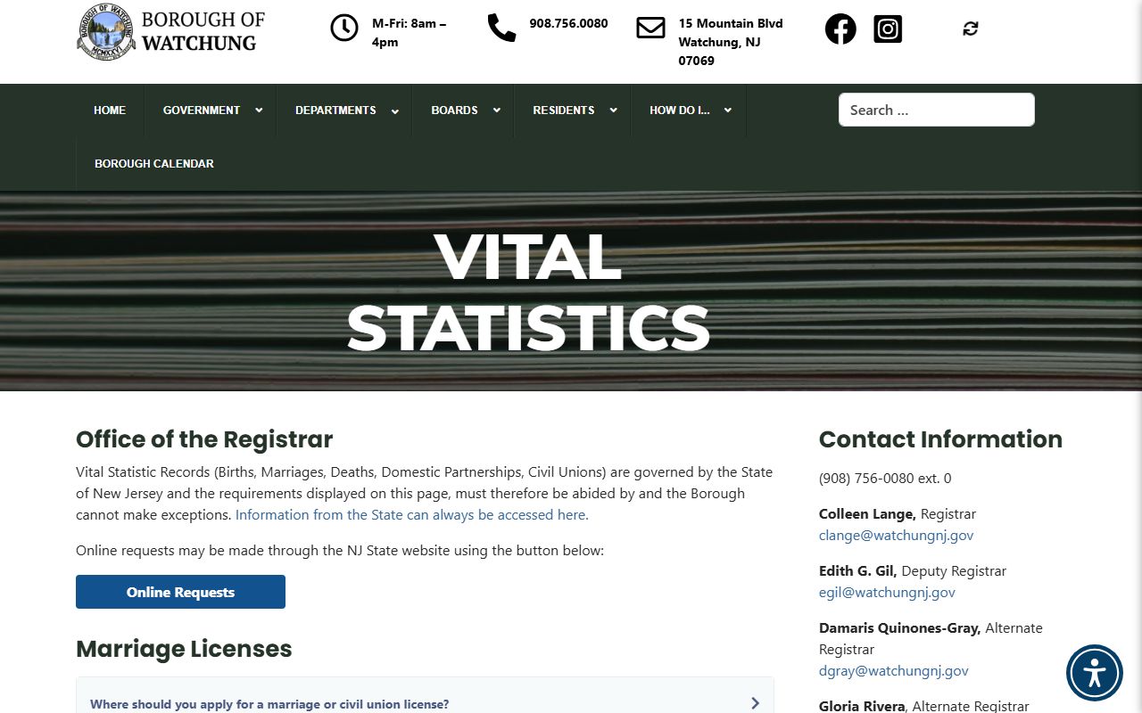 Watchung Borough vital statistics page for Somerset County marriage license services