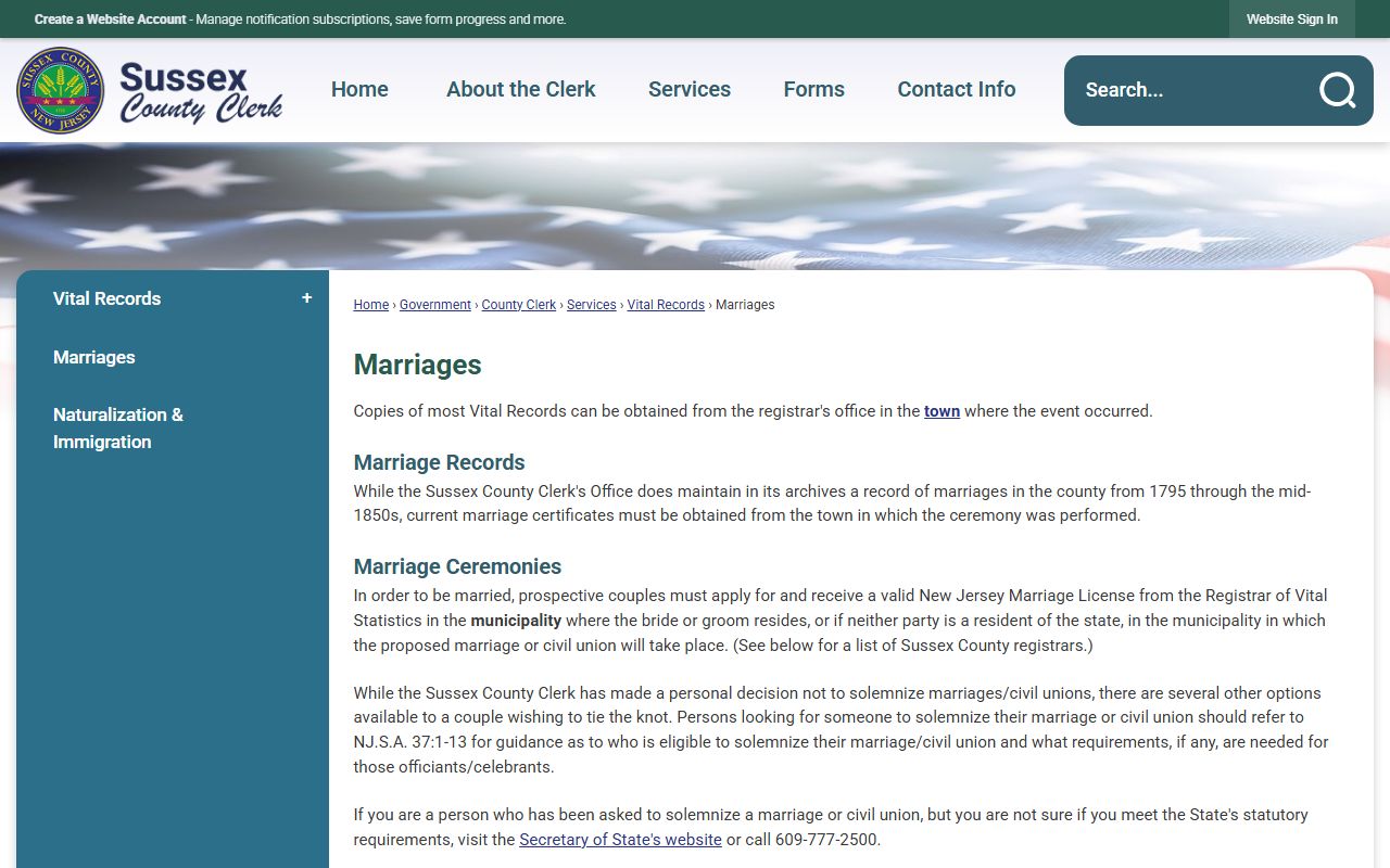 Sussex County government marriages page for Sussex County marriage license details